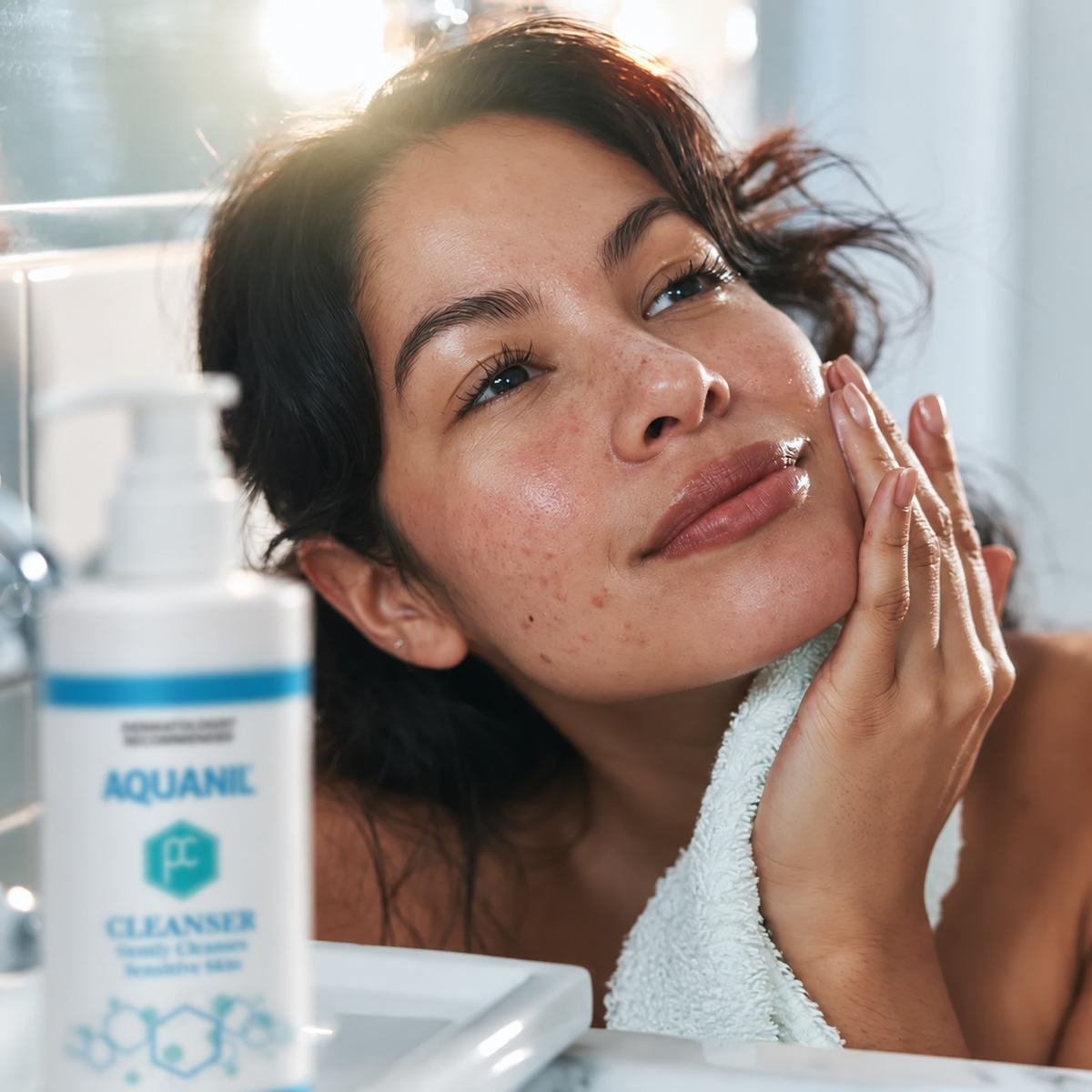 Woman with sensitive skin using Aquanil Cleanser